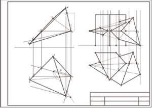 Построить пирамиду высотой 50 мм.Основание пирамиды задано треугольником ABC.

Построить линию пересечения призмы и пирамиды.

